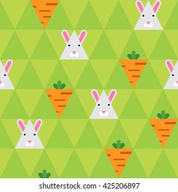 Rabbit and carrot on the green triangle background. Sweet seamless vector pattern in geometric style. Good for baby prints, child textile, decoration, posters, game backgrounds and many more. 
