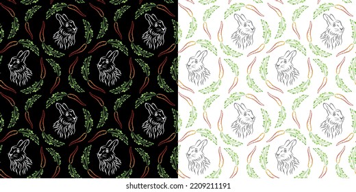 Rabbit and Carrot. Rabbit's head framed by carrots easter ornament. Seamless pattern. Vector graphic art. Wrapping, wallpaper, fabric design.