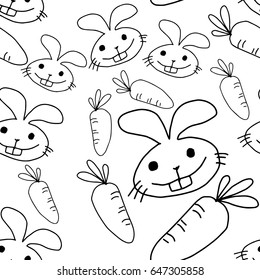 rabbit and carrot seamless pattern design - vector illustration sketch hand drawn with black lines, isolated on white background