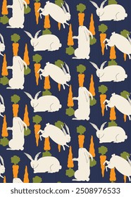 Rabbit and carrot seamless pattern handmade watercolor vintage style retro artwork,bunny wallpaper interior fashion editable easter pattern drawing and painting rabbits and carrots seamless floral 