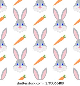 Rabbit and carrot seamless pattern on a white background. Vector.