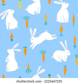 Rabbit and carrot seamless pattern on blue. Easter texture