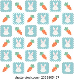 Rabbit and carrot seamless patterns on squares arranged in lines pattern. Template for wrapping, textile, wallpaper, card, background, paper gift, scarf, phone case.