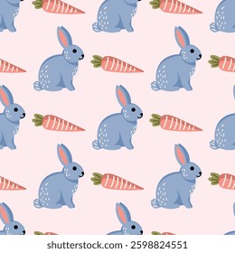 Rabbit and carrot seamless vector pattern for fabric desing, wrapping paper, wallpaper.