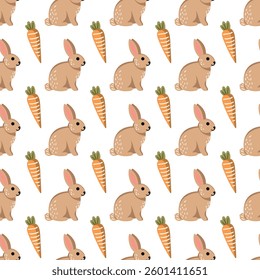Rabbit and carrot seamless vector pattern for fabric desing, wrapping paper, wallpaper.