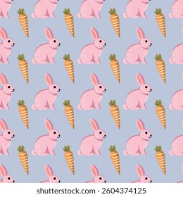 Rabbit and carrot seamless vector pattern for fabric desing, wrapping paper, wallpaper.