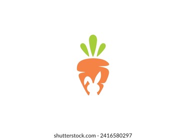 rabbit with carrot simple logo, bunny negative concept icon design template