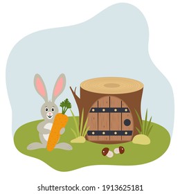 Rabbit with a carrot standing near burrow in a tree stump. Vector illustration for design.