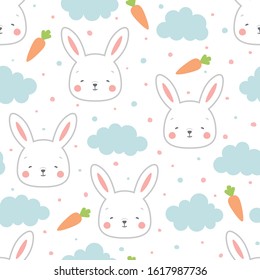 Rabbit carrots and clouds Seamless Pattern Background, Scandinavian Happy bunny with cloud, star for baby. cartoon rabbit vector illustration for kids nordic background