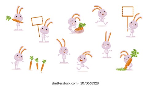 Rabbit with carrots Collection of isolated characters Hare runs, jumps, laughs, grows vegetables, harvests, rejoices, gets angry, upset, etc Big set of cute emotional characters Vector illustration