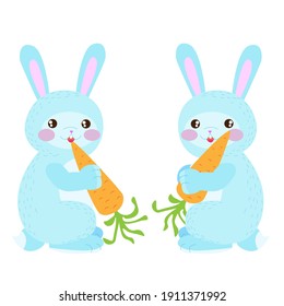 rabbit and carrots. cute hare. blue bunny on a white background. stock vector childish illustration.