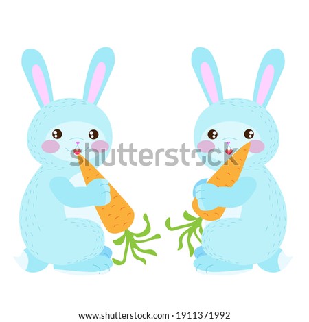 rabbit and carrots. cute hare. blue bunny on a white background. stock vector childish illustration.