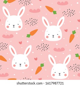 Rabbit and Carrots Seamless Pattern Background, Scandinavian Happy bunny with cloud, star for baby. cartoon rabbit vector illustration for kids nordic background