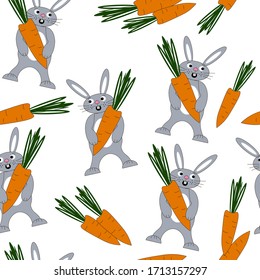 Rabbit and carrots. Vector pattern on a white background. Happy smile concept illustration.