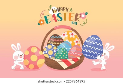 Rabbit Carry Colorful Easter Egg To Basket, Vector, Illustration