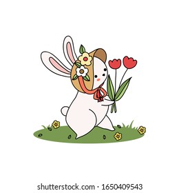 A rabbit carrying flowers. Isolate hand drawn on white background.