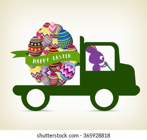 rabbit carrying a gift on the car for happy easter