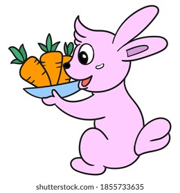 the rabbit is carrying lots of carrots. vector illustration of cartoon doodle sticker draw