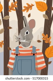 Rabbit cartoon animal vector autumn illustration with trees and leaves