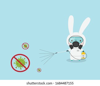 Rabbit Cartoon Character Cleaning and Disinfecting Virus. A Cute Rabbit wearing  protective mask and hazmat suit spray disinfectant to protect against the novel coronavirus (COVID-19 disease).