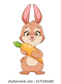 Rabbit cartoon character. Funny bunny holding carrot.