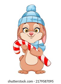 Rabbit cartoon character. Funny bunny holding big candy cane. Chinese New Year Lunar 2023, year of the Rabbit. 