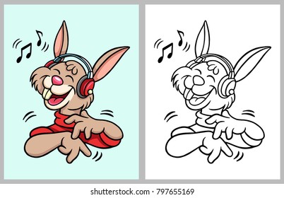 Rabbit cartoon character hear music. Good use for symbol, mascot, icon, coloring book, children book, or any design you want.