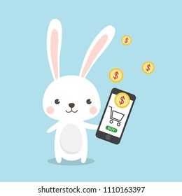 Rabbit Cartoon Character Online shopping concept. A Cute Bunny transferring money with smartphone. Mobile money transfers .