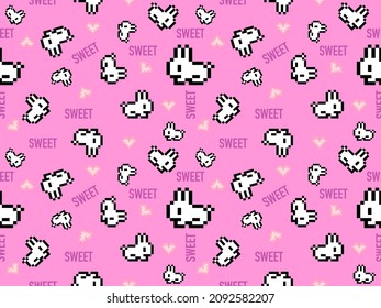 Rabbit cartoon character seamless pattern on pink background. Pixel style