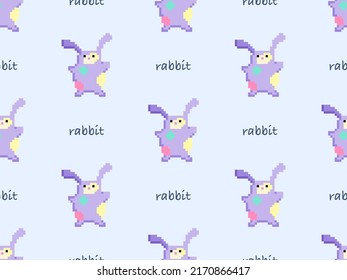 Rabbit cartoon character seamless pattern on blue background. Pixel style