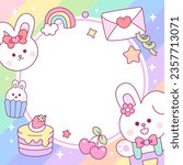 Rabbit cartoon with cute frame on rainbow background