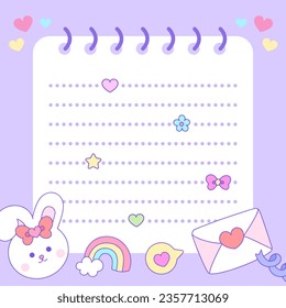 Rabbit cartoon with cute frame on purple background for kawaii sticky notes