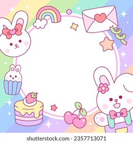 Rabbit cartoon with cute frame on rainbow background