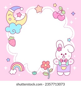 Rabbit cartoon with cute frame on pink background for kawaii sticky notes