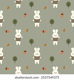 Rabbit cartoon so cute. On acorn tree leaf green background. Pattern seamless vector illustration. 