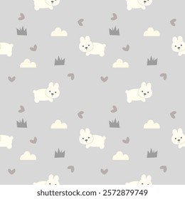Rabbit cartoon so cute. On grass heart background. Pattern seamless vector illustration. 
