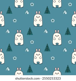 Rabbit cartoon so cute. On tree house flower background. Pattern seamless vector illustration. 
