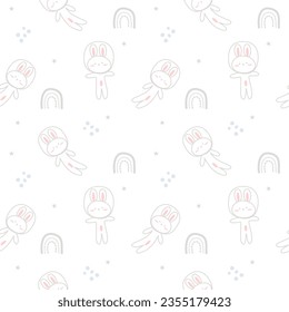 Rabbit cartoon so cute in the sky. On rainbow star white background. Pattern seamless vector illustration. 