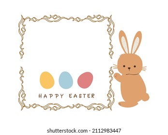 Rabbit cartoon ,Easter eggs and gold frame isolated on white background vector illustration.