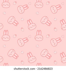 Rabbit Cartoon Face Pink So Cute On Cupcake Strawberry Pink Background.seamless Pattern Vector And Illustration.