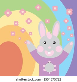Rabbit cartoon with flower and rainbow vector