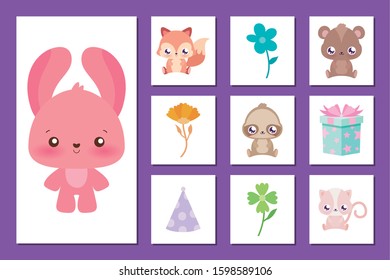 rabbit cartoon and icon set design, Happy birthday card celebration decoration surprise party anniversay and invitation theme Vector illustration