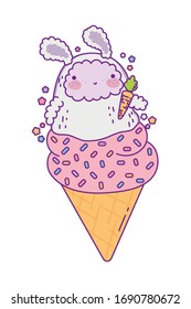 rabbit cartoon over ice cream design, Kawaii expression cute character funny and emoticon theme Vector illustration