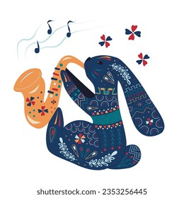 Rabbit cartoon plays the trumpet. Hare decorated with ornaments. Bunny illustration