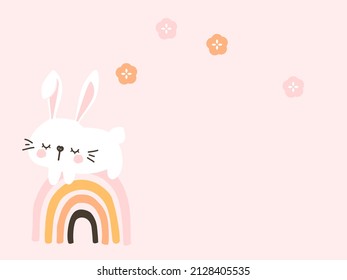 Rabbit cartoon, rainbow and Sakura flower on pink background vector illustration. Nursery wall decoration.