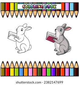 Rabbit cartoon reading a book for coloring book