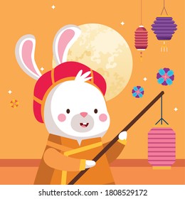 rabbit cartoon in traditional cloth with lantern design, Happy mid autumn harvest festival oriental chinese and celebration theme Vector illustration