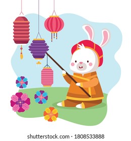 rabbit cartoon in traditional cloth with lantern and flowers design, Happy mid autumn harvest festival oriental chinese and celebration theme Vector illustration