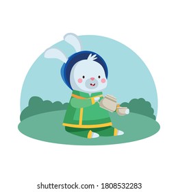 rabbit cartoon with traditional cloth tea pot and cup design, Happy mid autumn harvest festival oriental chinese and celebration theme Vector illustration