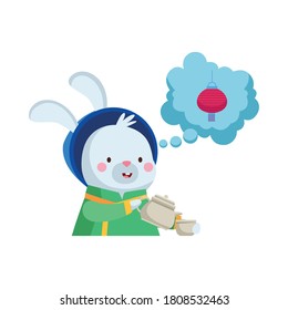 rabbit cartoon with traditional cloth tea pot and cup design, Happy mid autumn harvest festival oriental chinese and celebration theme Vector illustration